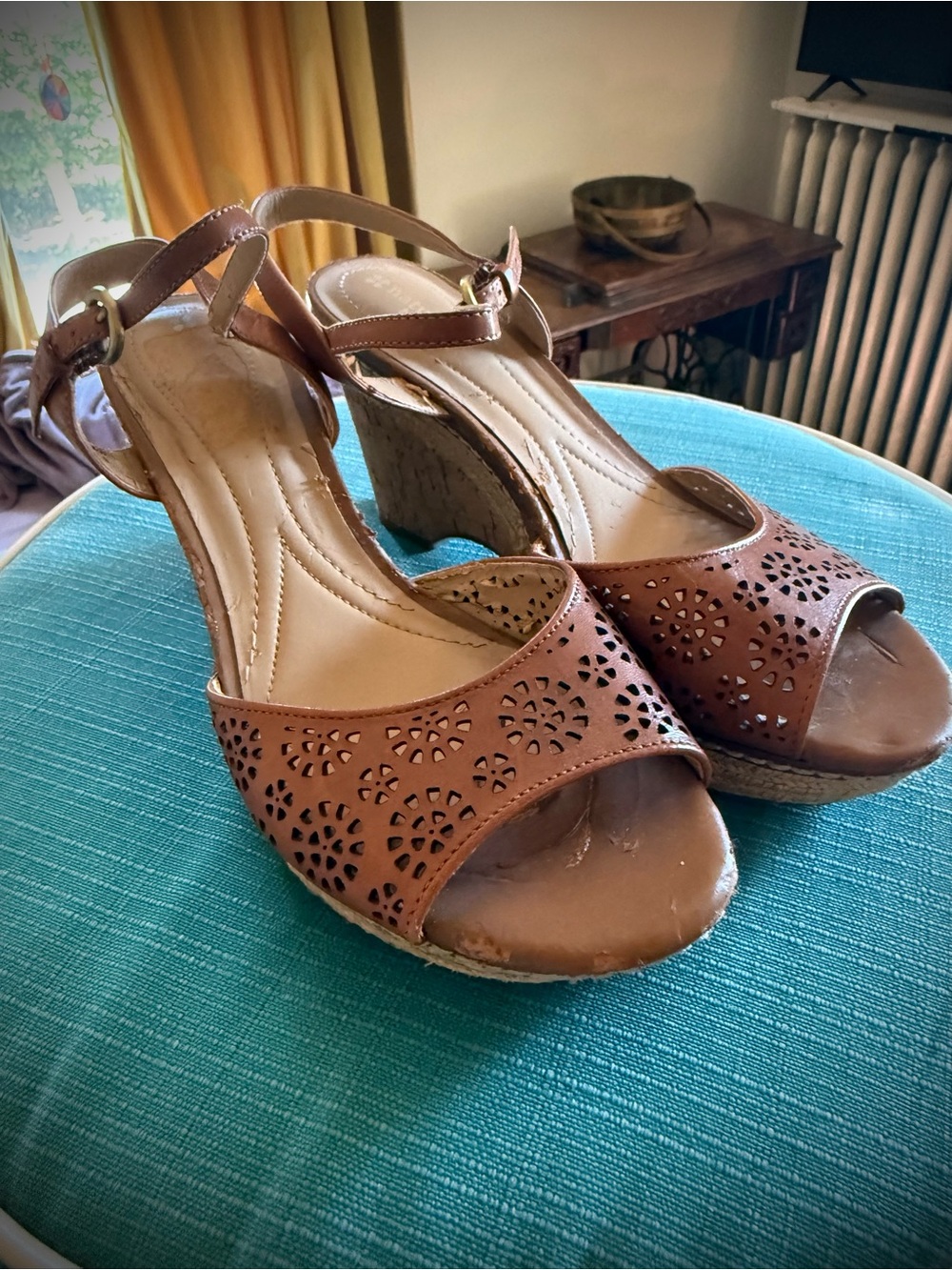 Naturalizer Comfort Tan Laser-Cut Cork Wedge Sandals, Size 8